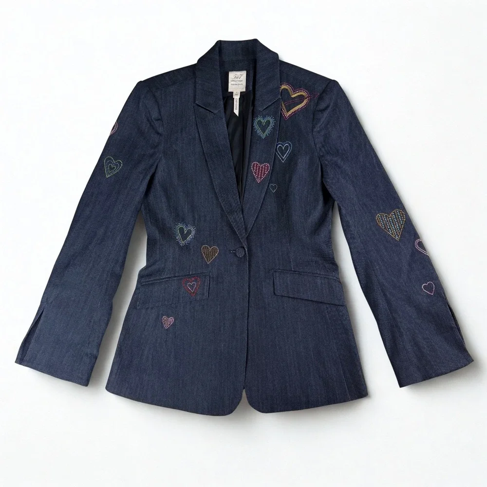 Cinq a Sept Cheyenne Blazer Women Size 6 Blue Denim Rhinestone Heart Embellished